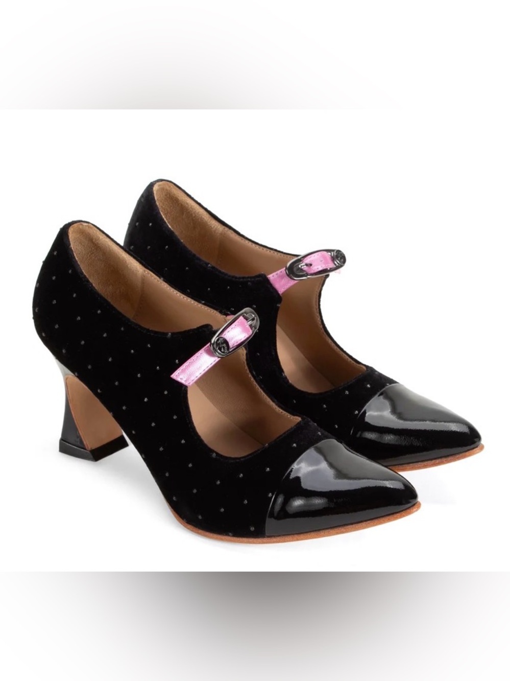 Fluevog NEW WO BOX Big Presence Malala black velvet dot/patent buckle heel- 8.5